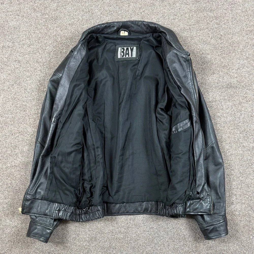 Vintage 90s Black Genuine Leather Distressed Full Zip Bomber Jacket Mens Size XL